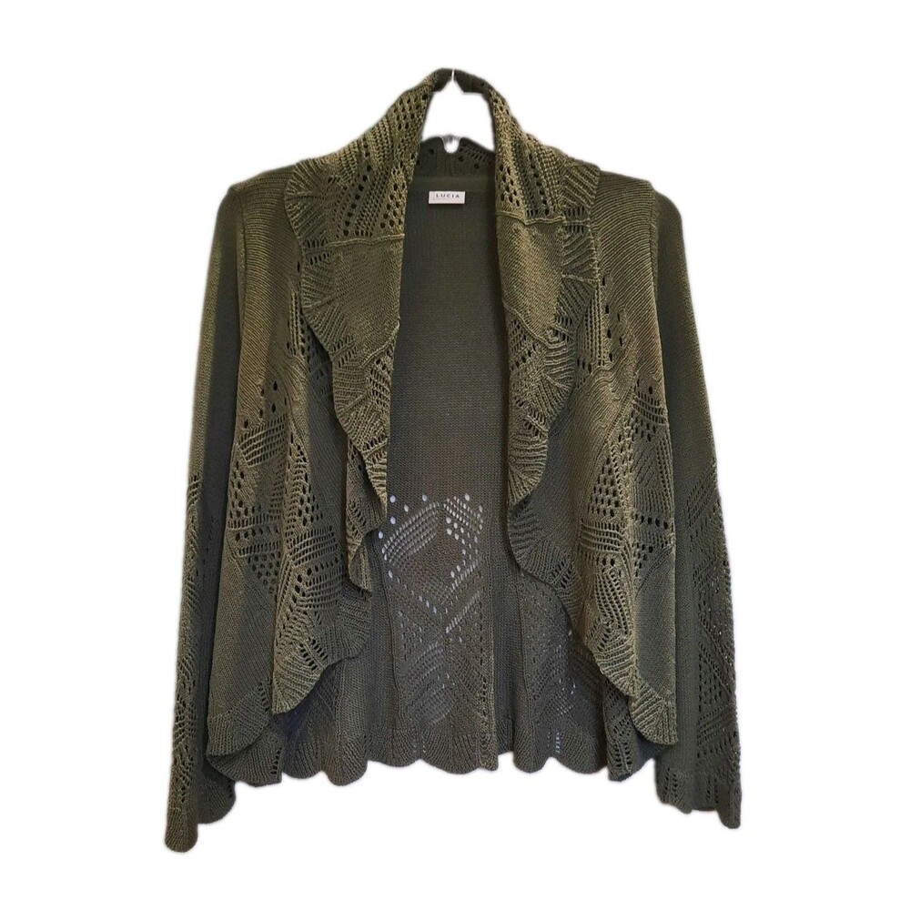 LUCIA Green Open Knit Cardigan Sweater Ruffle Scalloped Shrug Romania Size L 12